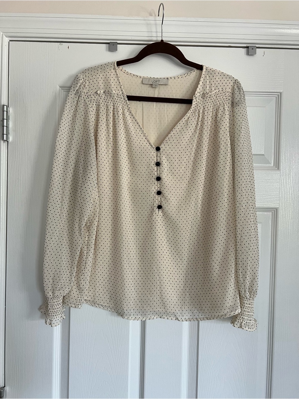 LOFT Cream Polka Dot V-Neck Button Blouse
